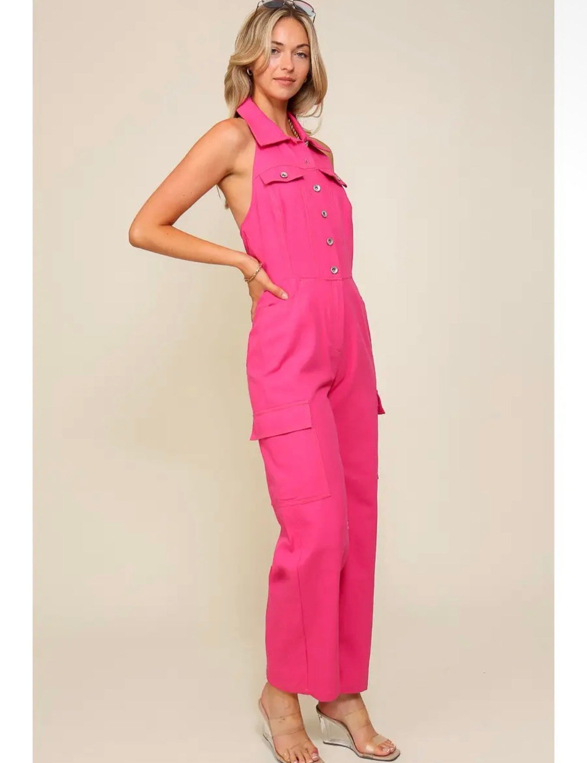Pink Halter Denim Jumpsuit