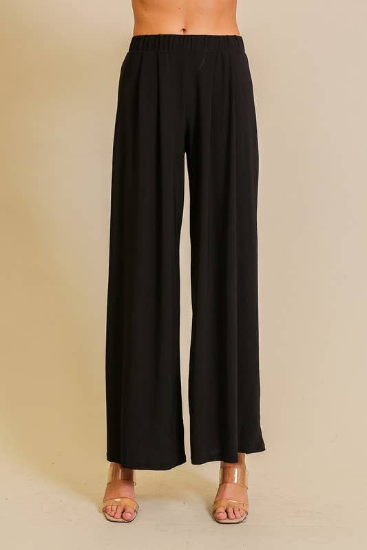 Elastic High Waisted ITY Knit Wide Leg Pants : Black / S