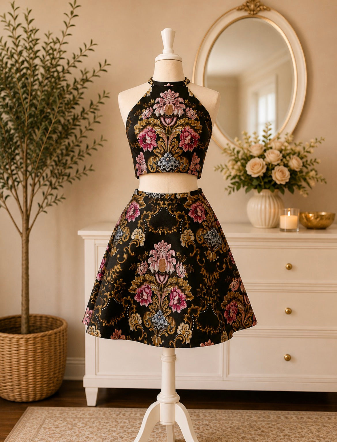 Black Baroque Floral Two-Piece Halter Dress