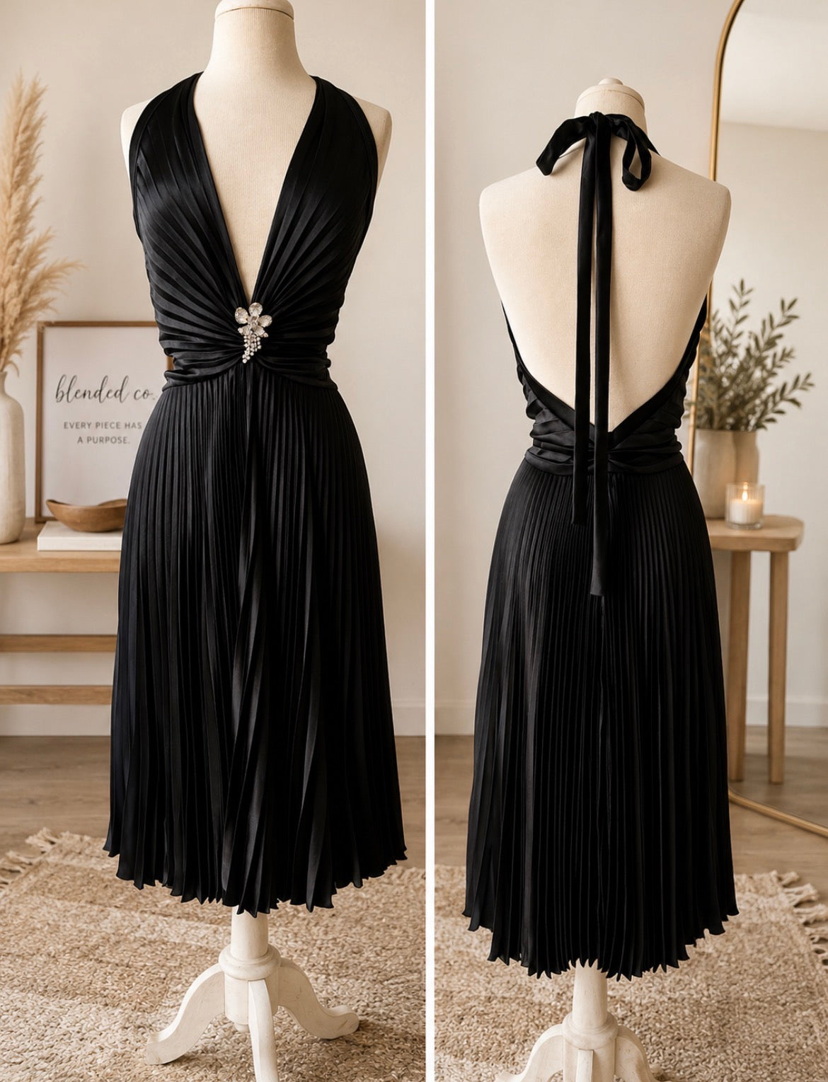 Black Halter Pleated Midi Dress with Rhinestone Detail