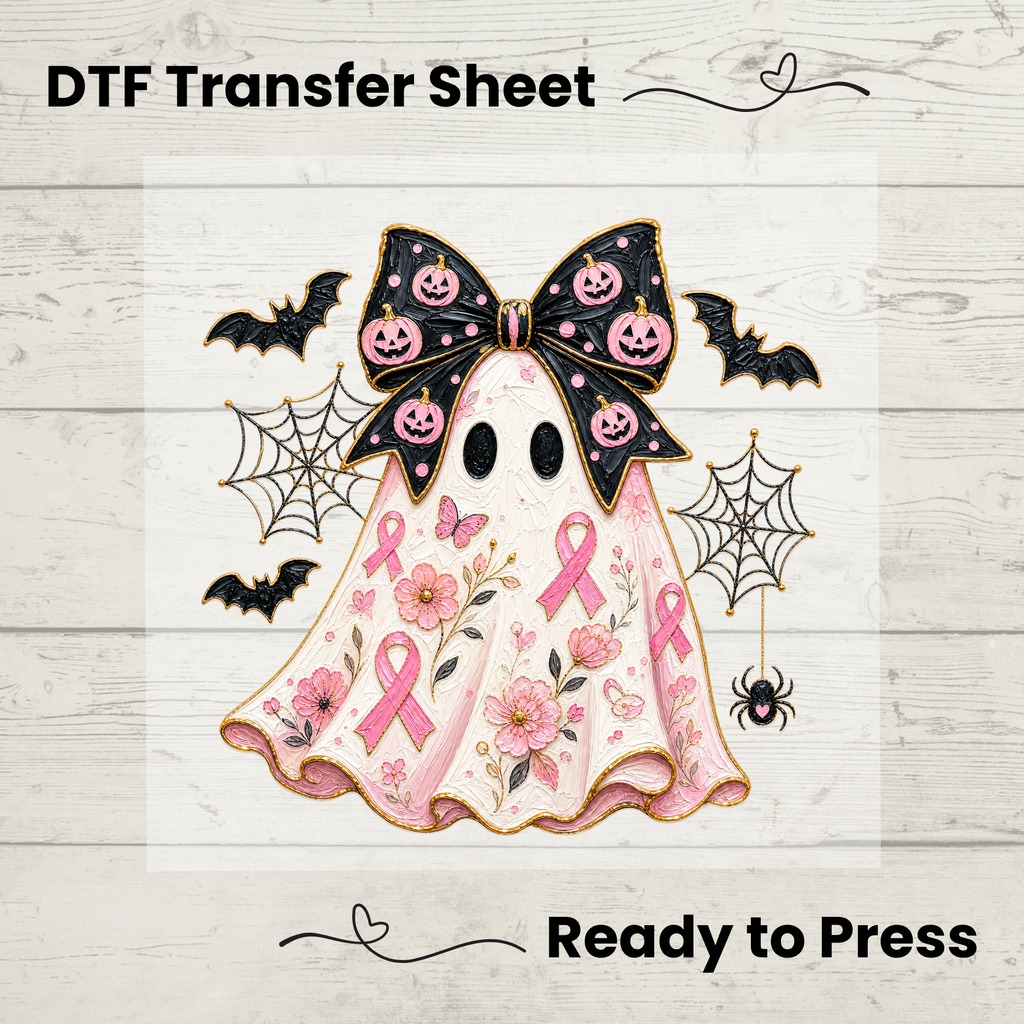 Pink Ribbon Floral Ghost Halloween DTF Transfer: 10"