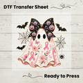 Pink Ribbon Floral Ghost Halloween DTF Transfer: 10"