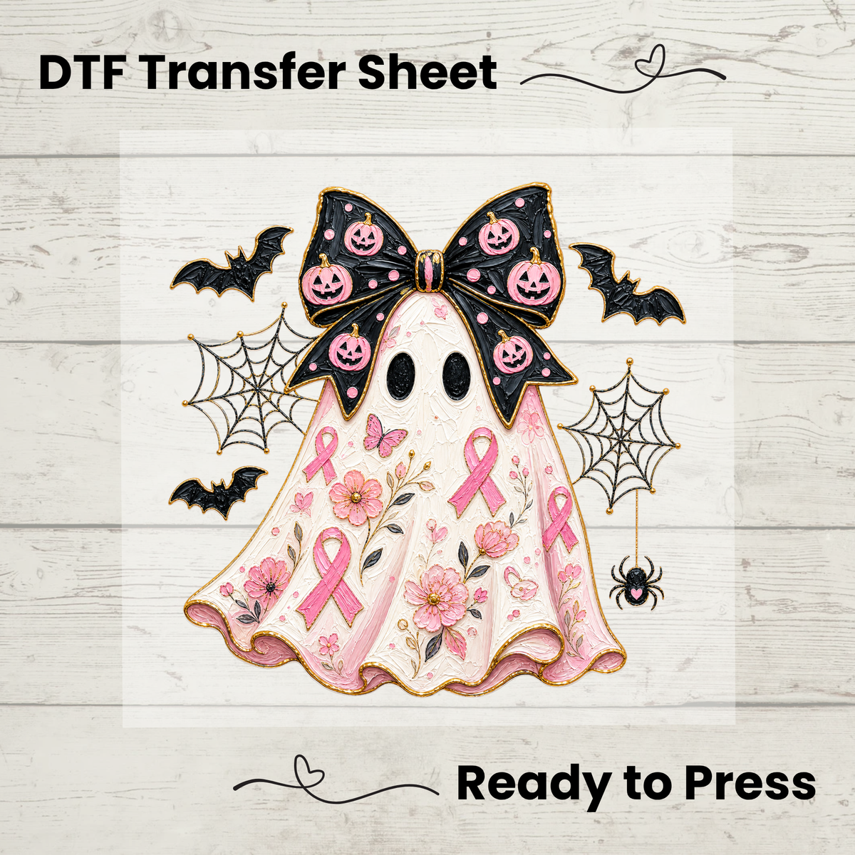 Pink Ribbon Floral Ghost Halloween DTF Transfer: 10"