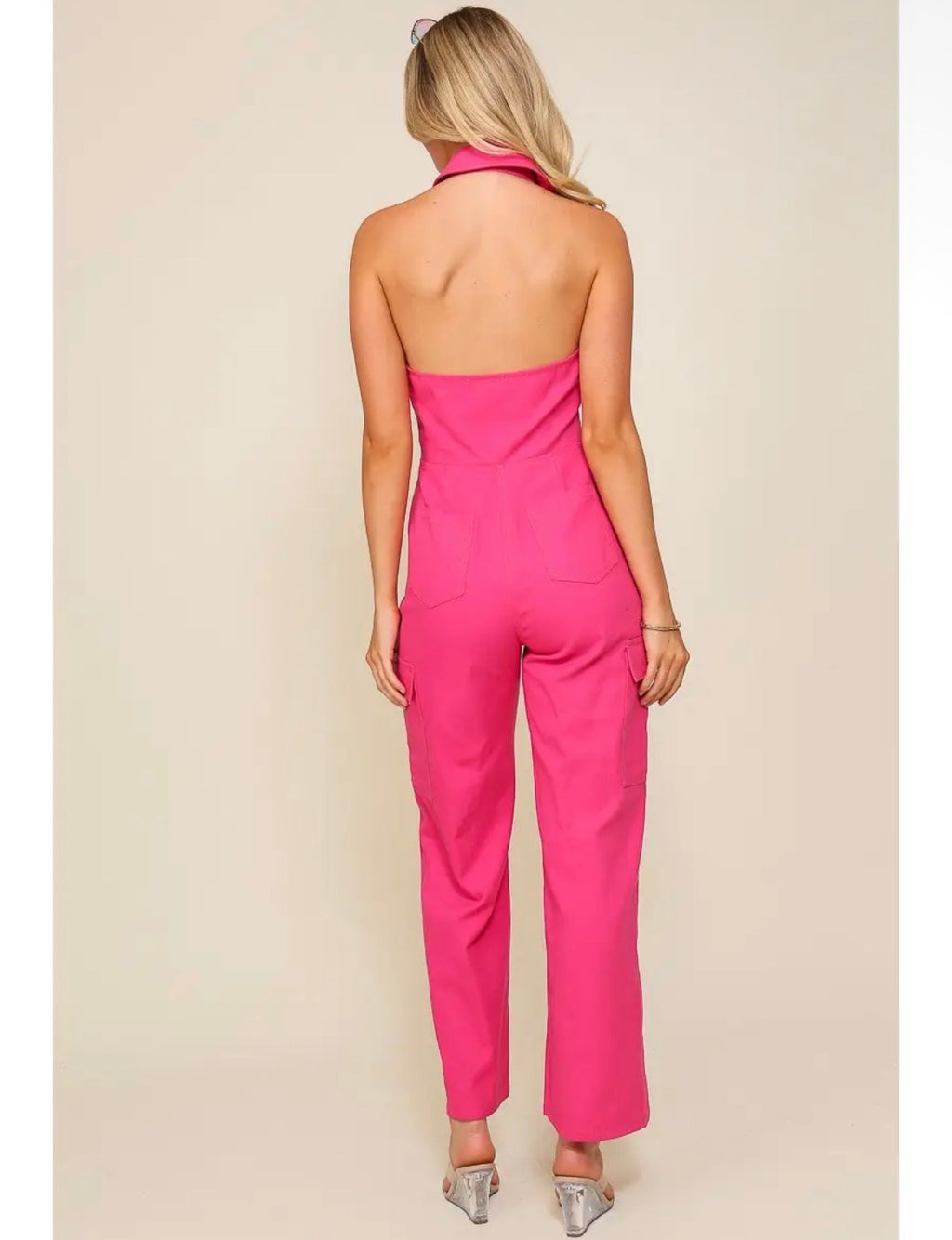Pink Halter Denim Jumpsuit