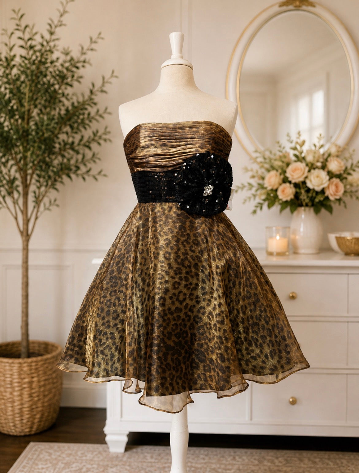 Leopard Print Strapless Party Dress with Black Sequin Bow
