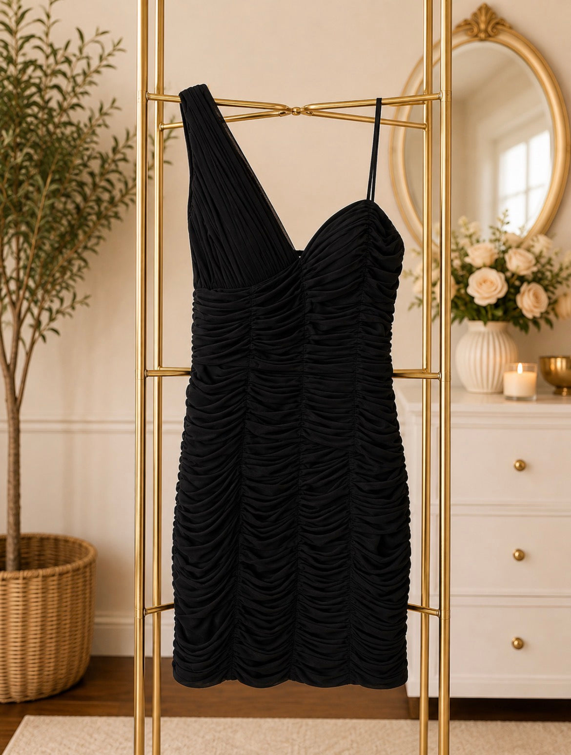 Black One-Shoulder Ruched Mini Dress