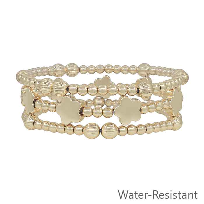 Water Resistant Gold Beaded with Flower Accent Set of 3 Stretch Bracelets
