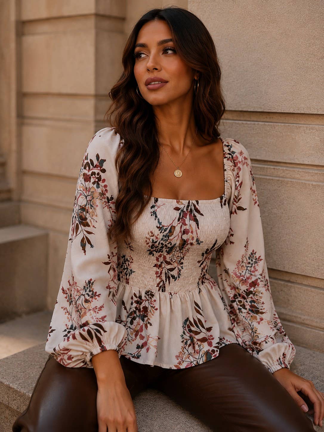Floral Smocked Peplum Top: Cream combo / L