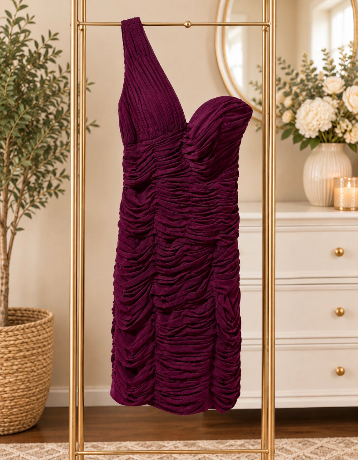 Wine One-Shoulder Ruched Cocktail Dress