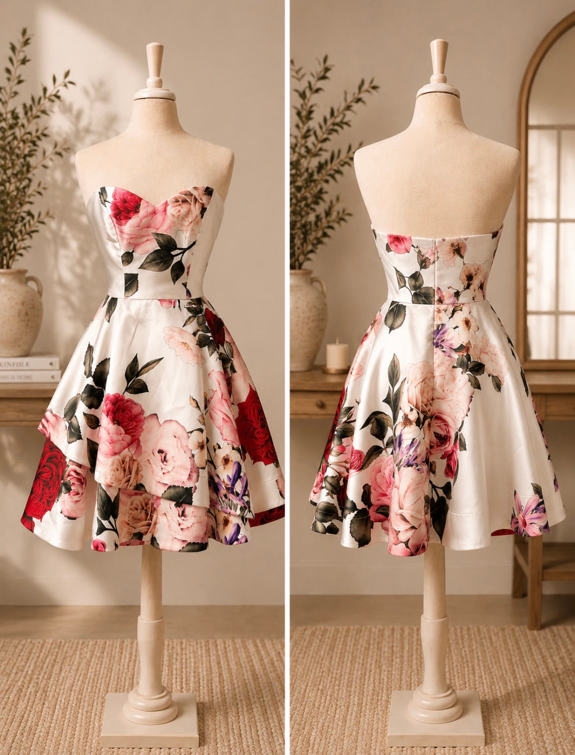 Ivory Rose Print Strapless Fit & Flare Dress