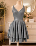 Blue Silver Shimmer V-Neck Fit & Flare Formal Dress