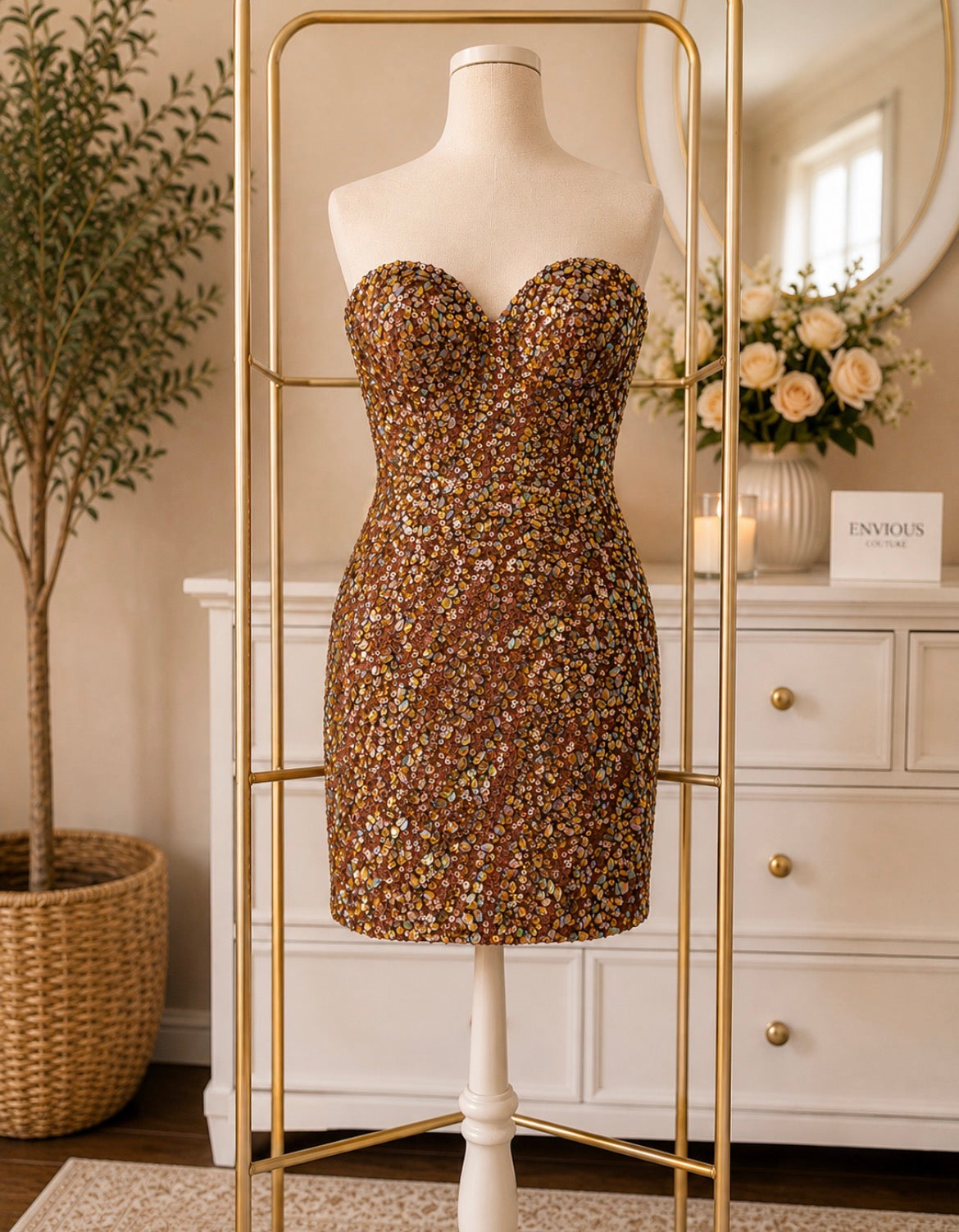Bronze Iridescent Sequin Sweetheart Mini Dress
