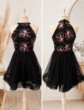 Black Floral Embroidered Halter Tulle Dress