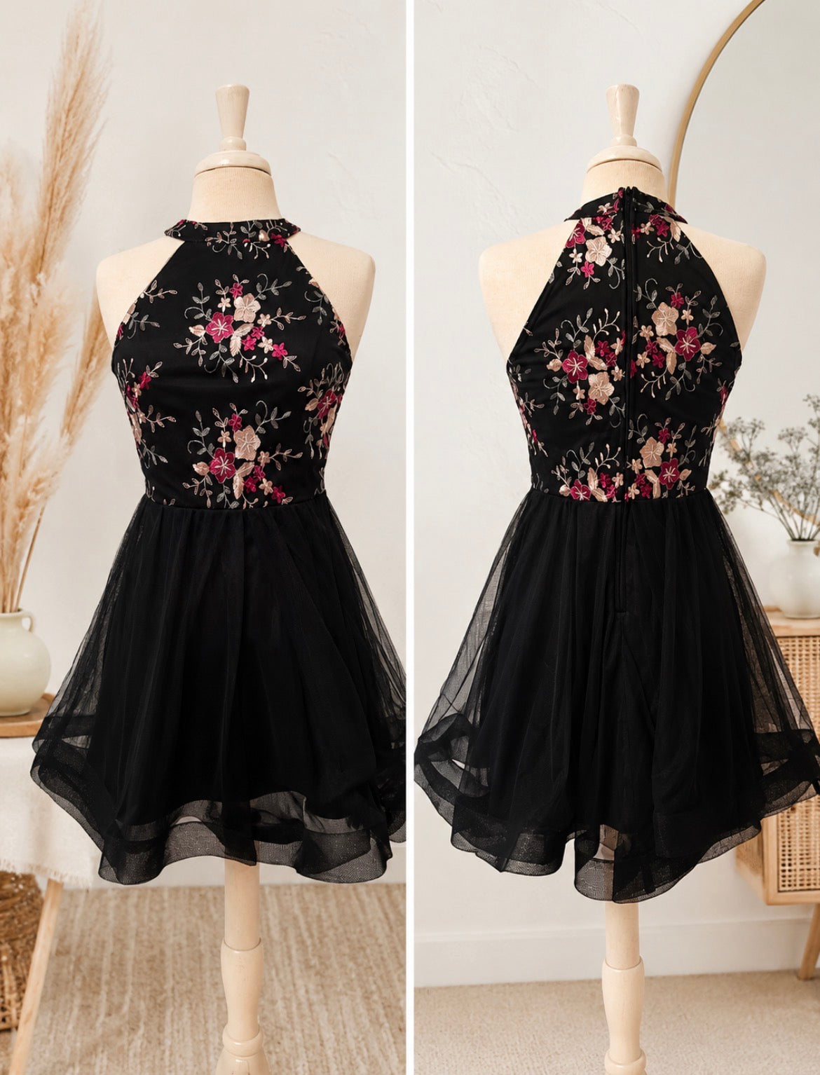 Black Floral Embroidered Halter Tulle Dress