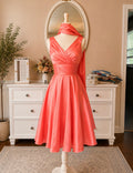 Coral Satin V-Neck Tea-Length Formal Dress