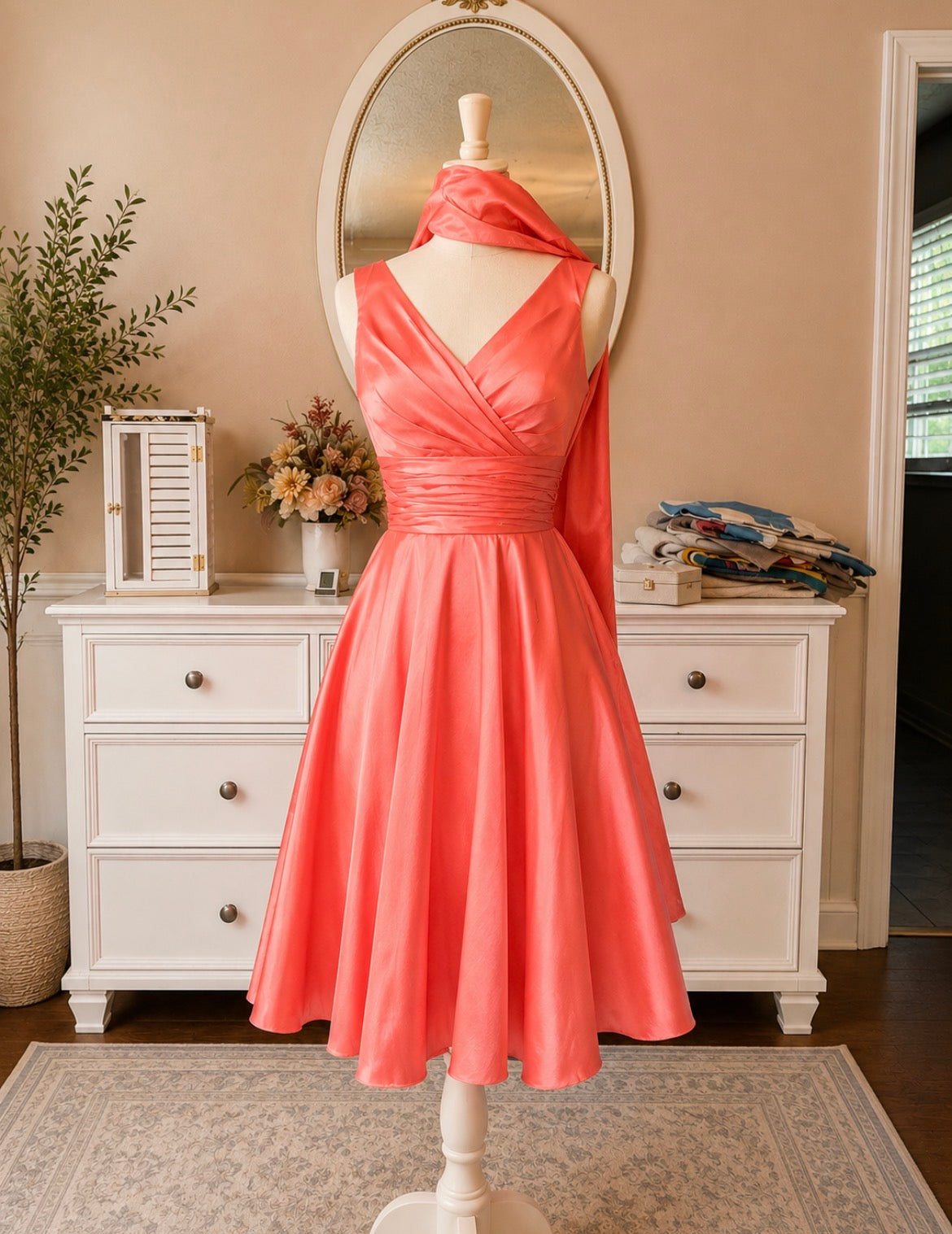 Coral Satin V-Neck Tea-Length Formal Dress