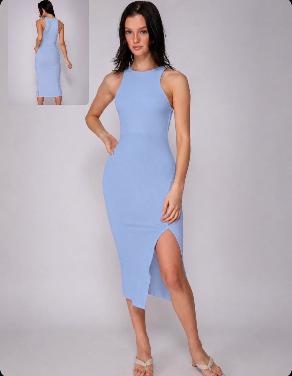 Sky Blue Ribbed Midi Dress
