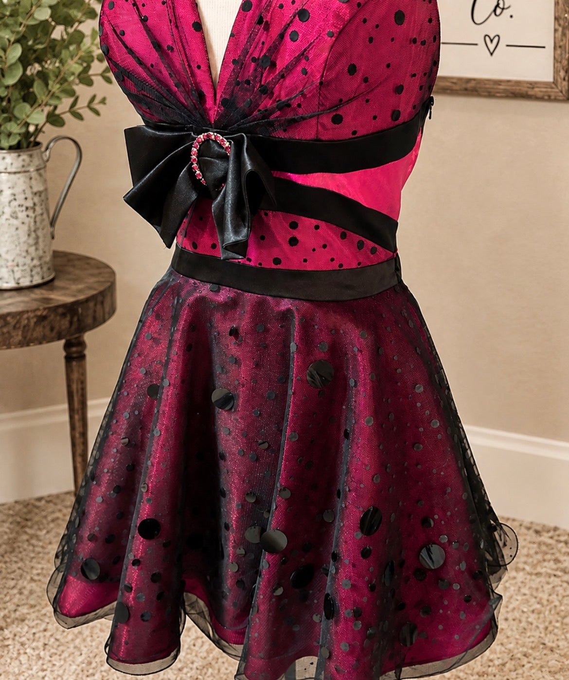 Fuchsia & Black Polka Dot Halter Party Dress