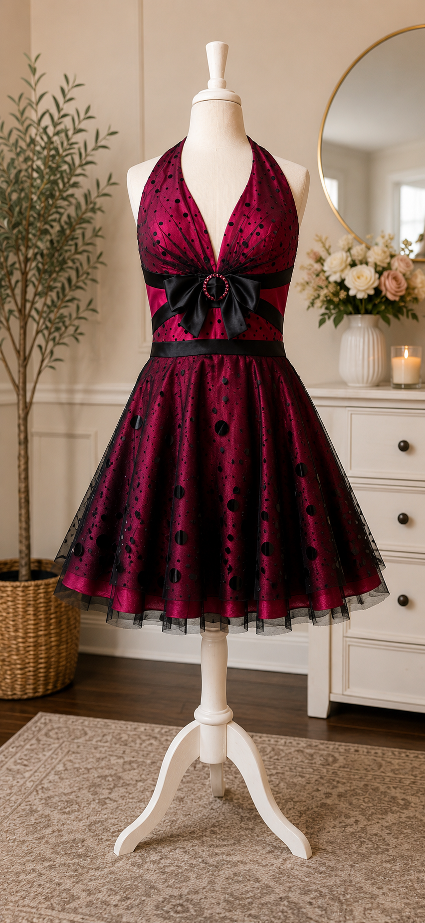 Fuchsia & Black Polka Dot Halter Party Dress