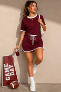 Contrast Trim Knit Game Day Skort Set: Burgundy/white / L