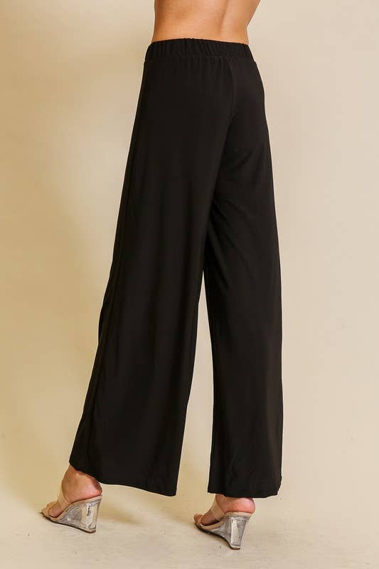 Elastic High Waisted ITY Knit Wide Leg Pants : Black / XL