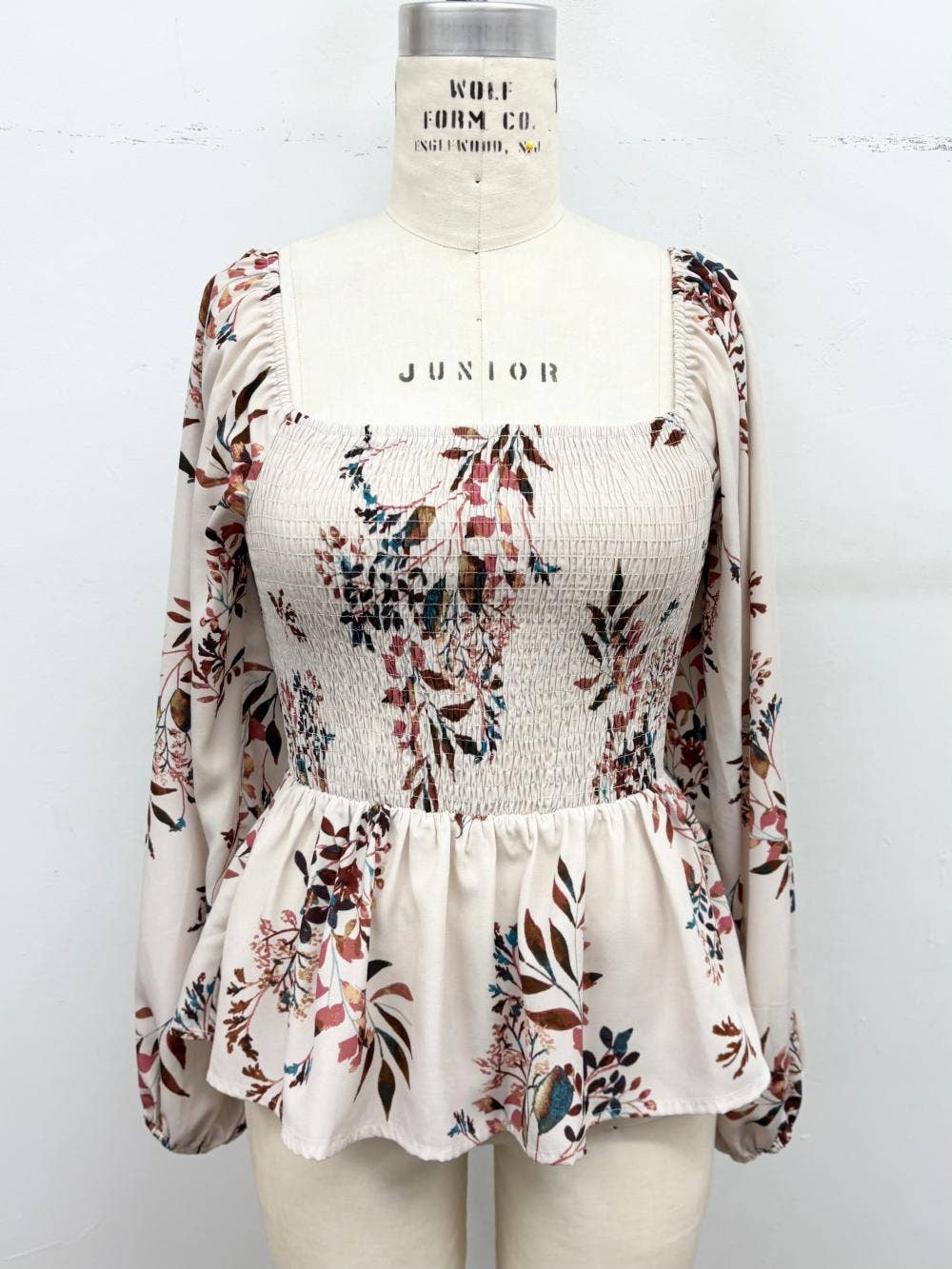 Floral Smocked Peplum Top: Cream combo / L