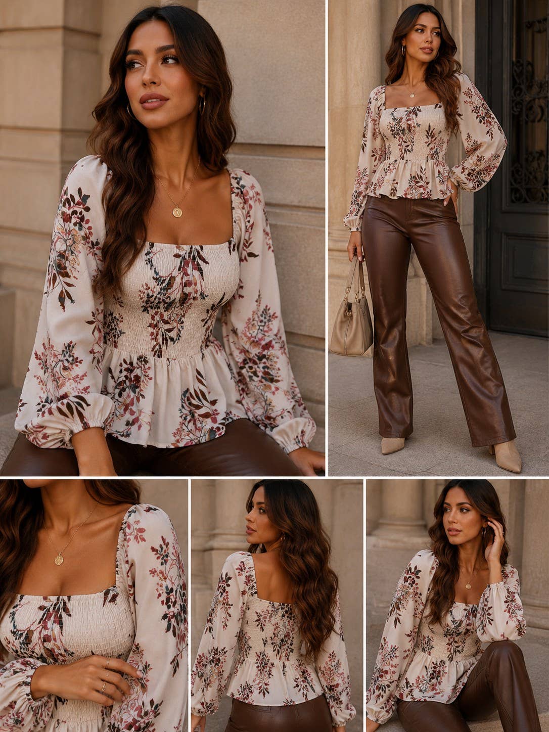Floral Smocked Peplum Top: Cream combo / L